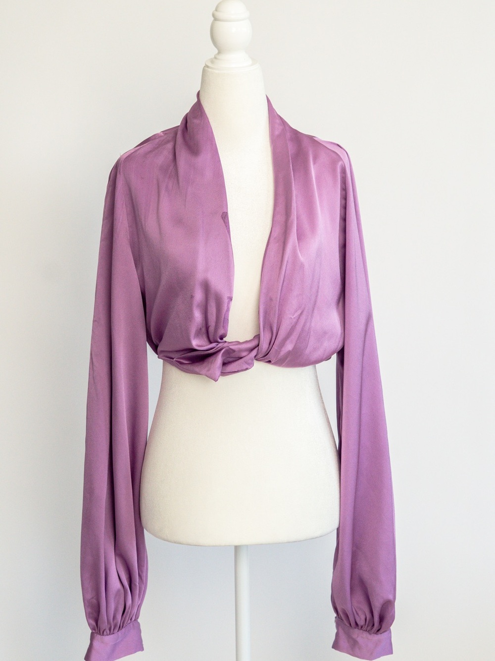 House of CB Lilac Satin Twist-Front Long Sleeve Top